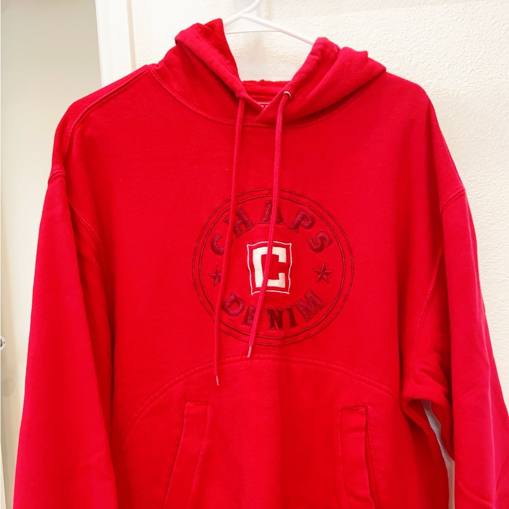 Chaps Denim Mens Size M Red Logo Embroidered Pullover Hoodie Sweatshirt
